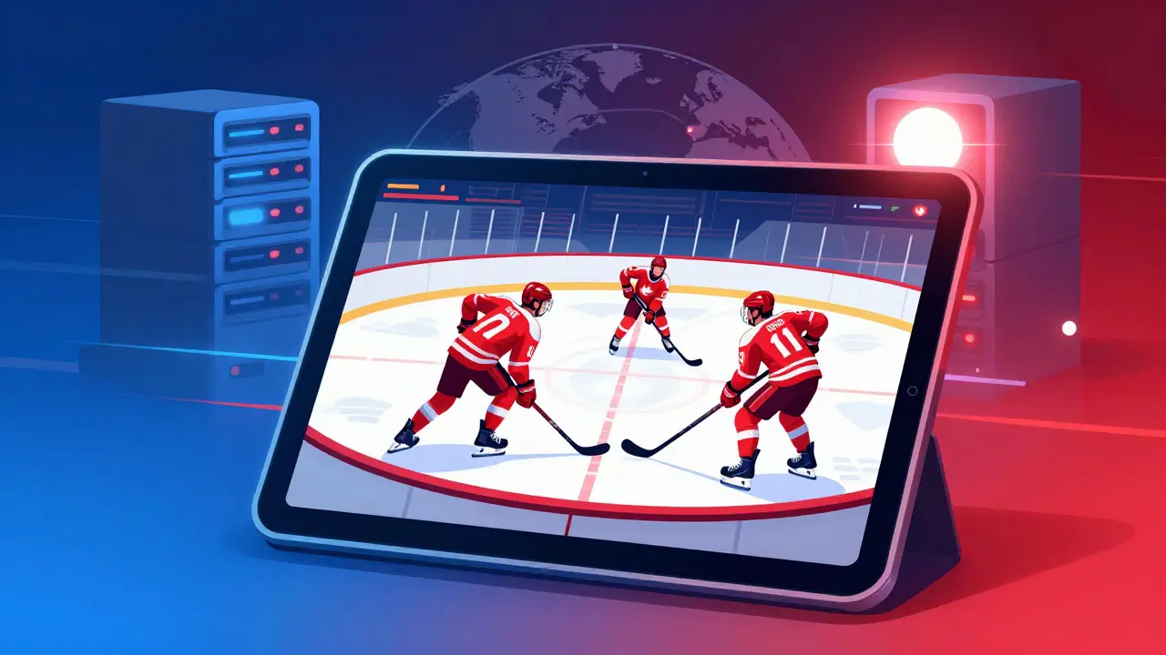Tablette diffusant un match de hockey avec des effets de vitesse et un réseau de serveurs numériques.