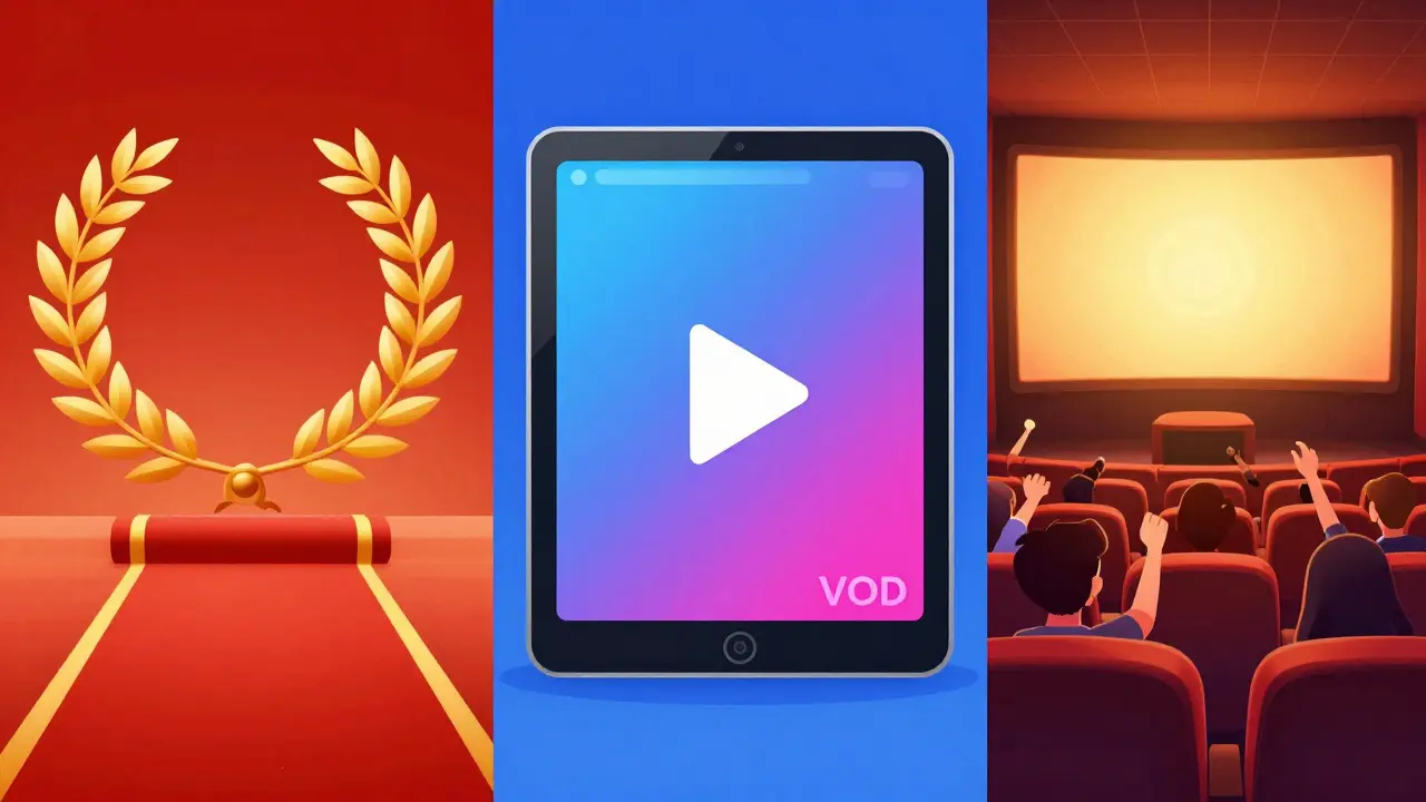 Trois voies de distribution : festivals, VOD et salles indépendantes.