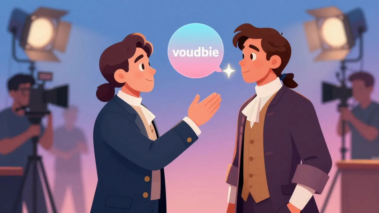 Un coach vocal guidant un acteur en costume d'époque sur un plateau de cinéma.