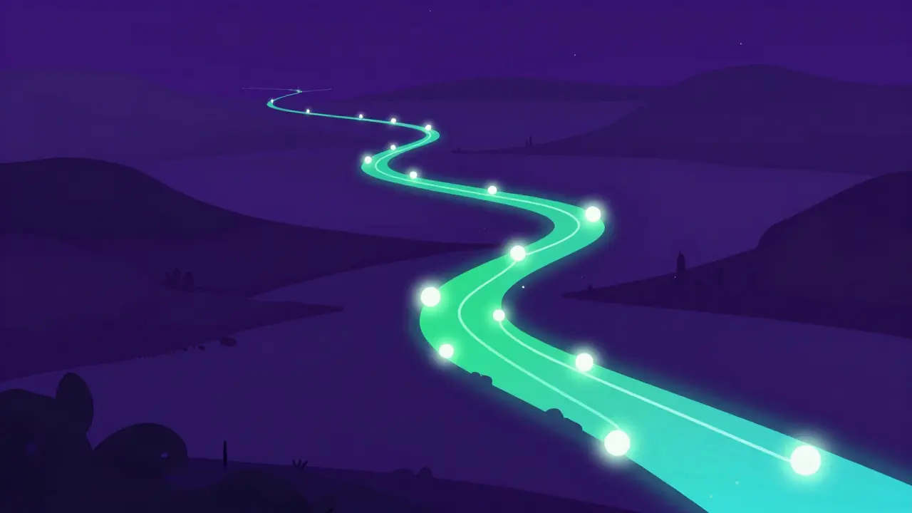 Un curseur lumineux navigue sur un chemin abstrait entre des points connectés.
