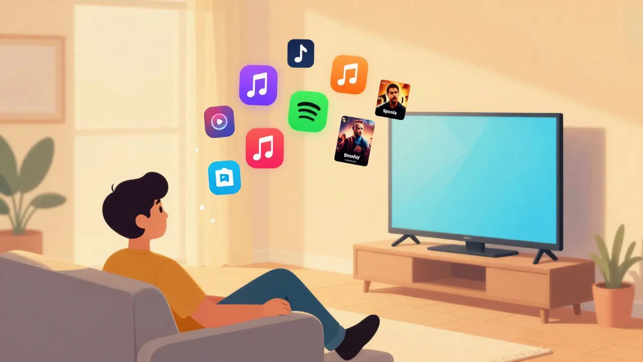 Un salon confortable avec des icônes d'applications de streaming flottant autour de la TV.
