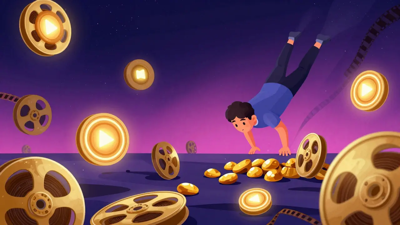 Une personne explorant une mine d'or numérique composée de bobines de films et d'icônes de lecture.