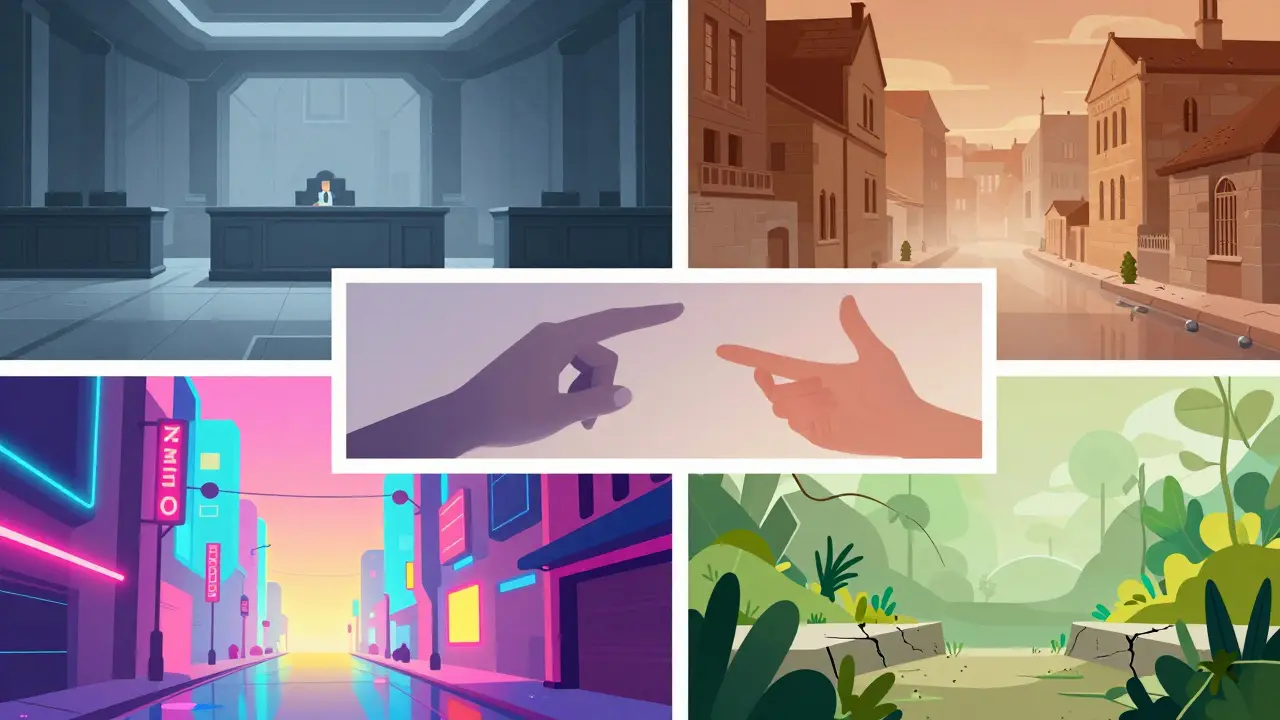Cinq scènes cinématographiques distinctes illustrées par des dégradés de couleurs vibrants