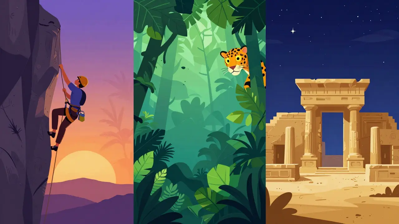 Collage illustré montrant escalade, forêt tropicale et archéologie avec dégradés de couleurs