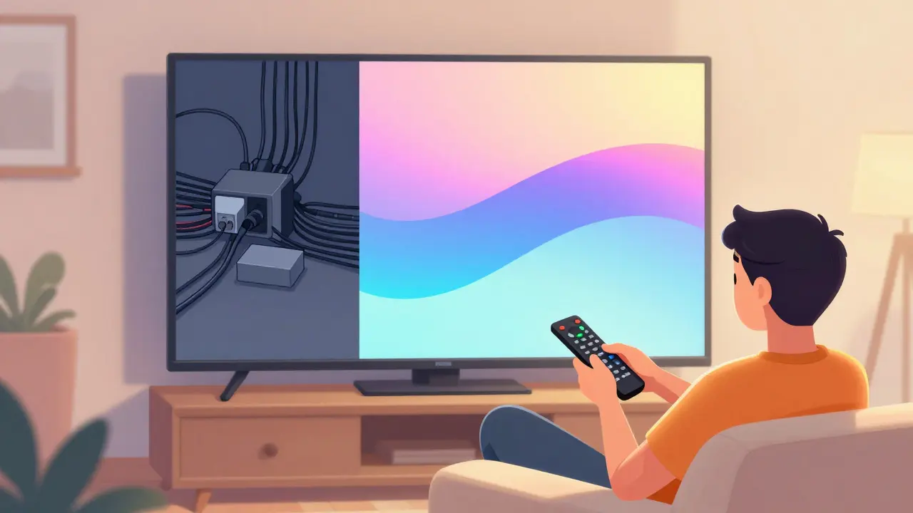 Comparaison visuelle entre la complexité du câble et la simplicité du streaming