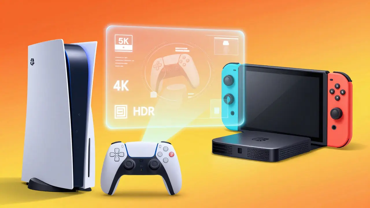 Consoles de jeu et lecteurs multimédias connectés dans un style cartoon aux couleurs vives