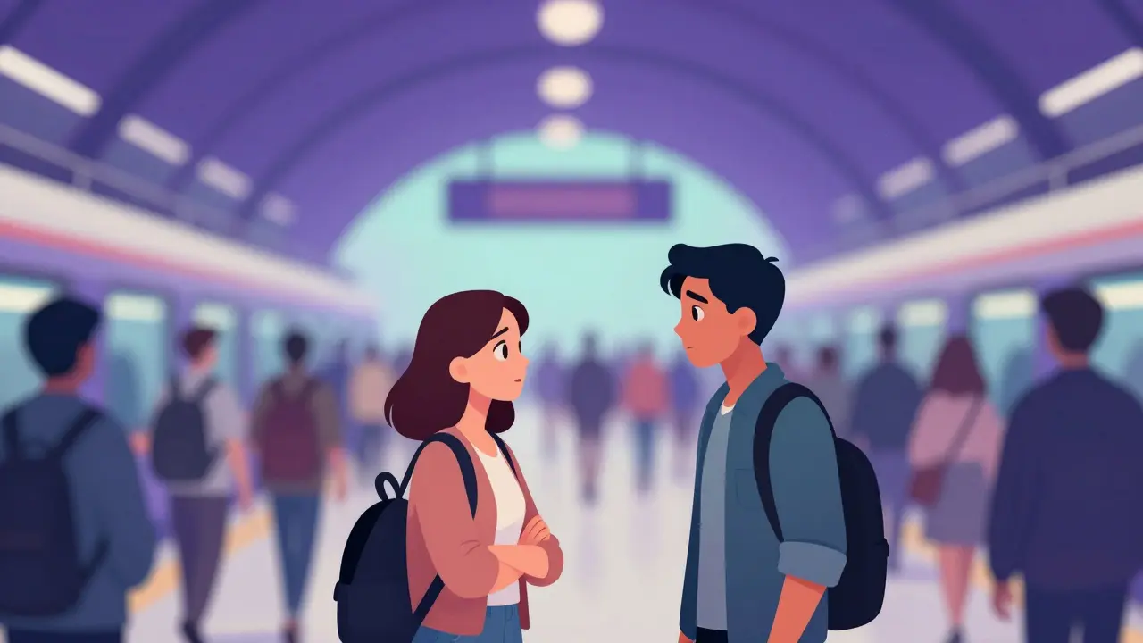 Couple au premier plan net, arrière-plan flou dans une gare animée