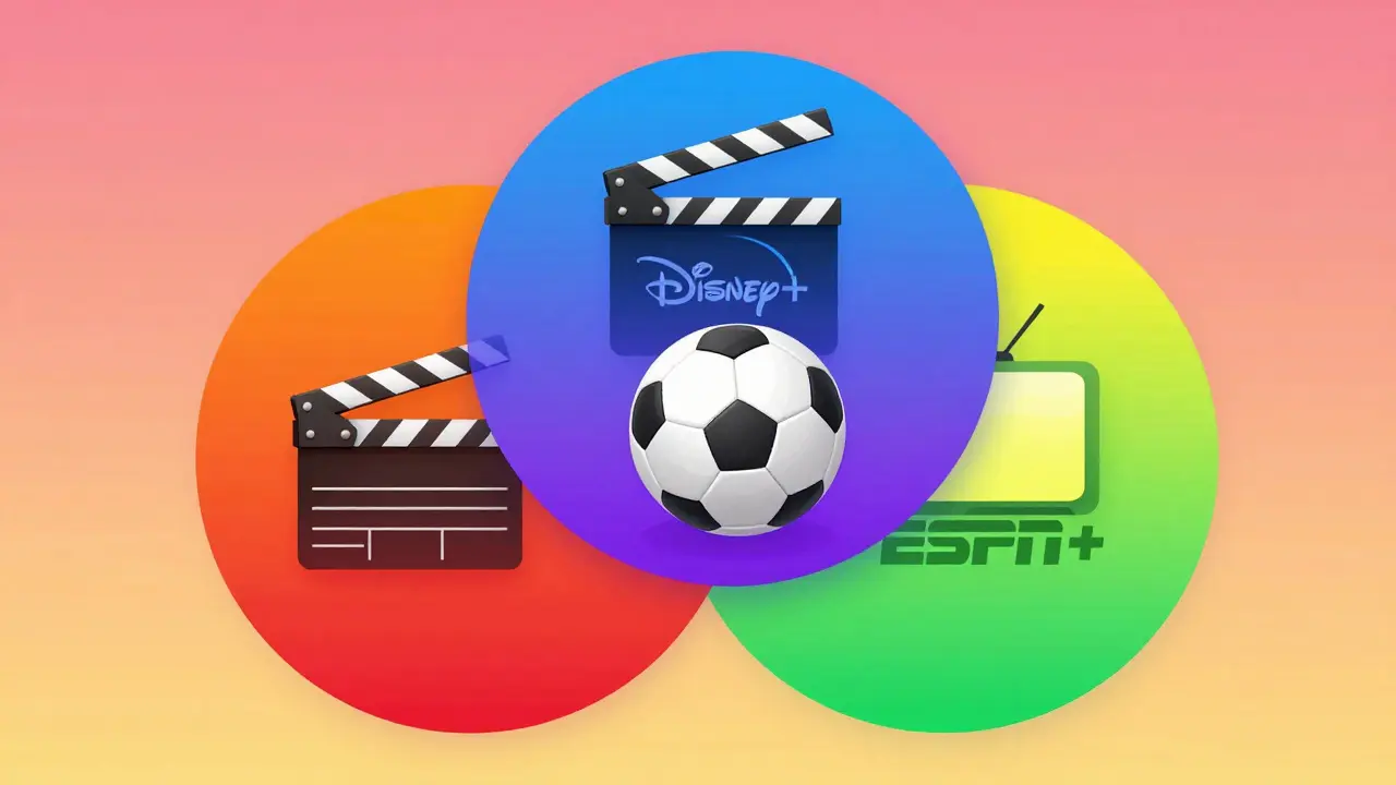 Diagramme de cercles colorés représentant le bundle Disney+, Hulu et ESPN+