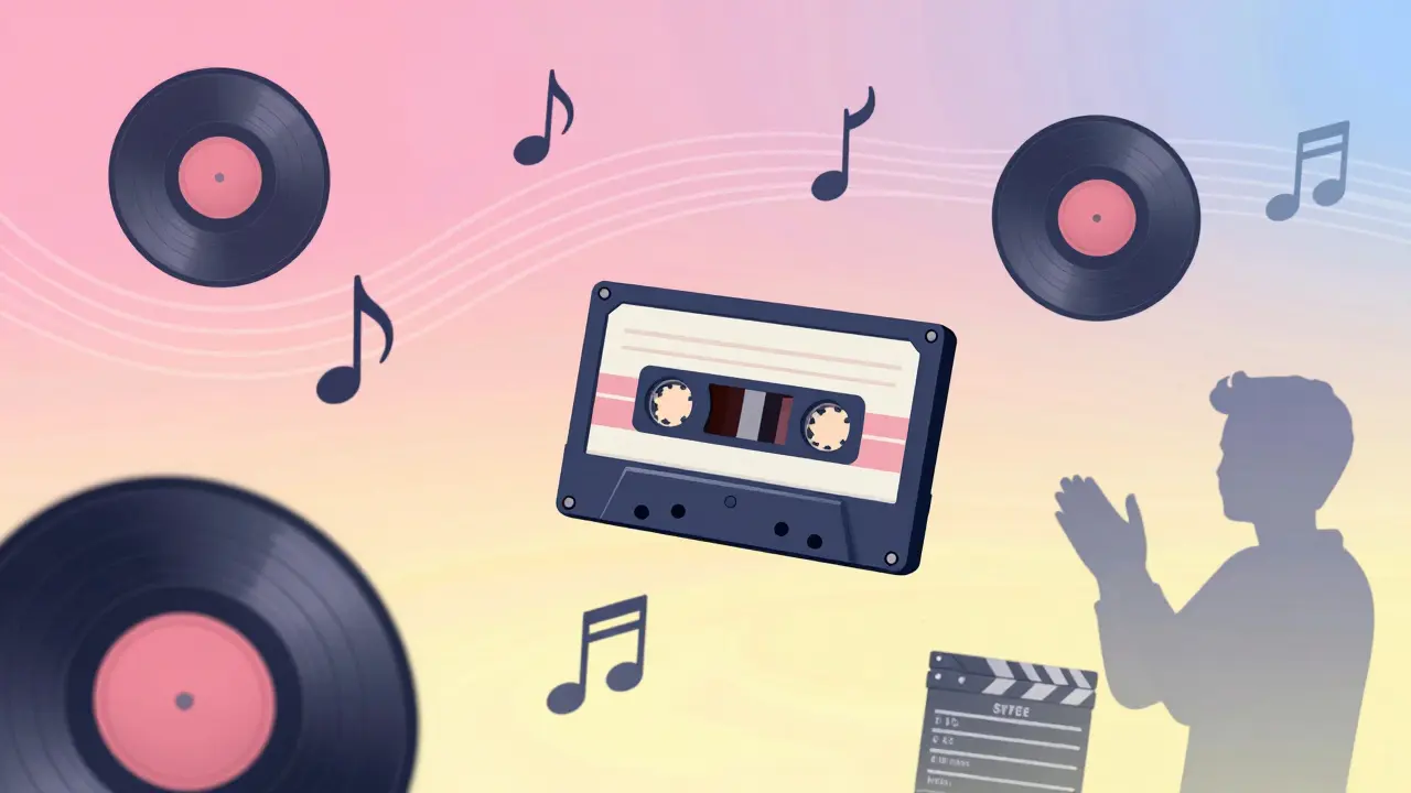 Disques vinyles et cassettes flottants évoquant la bande-son rétro