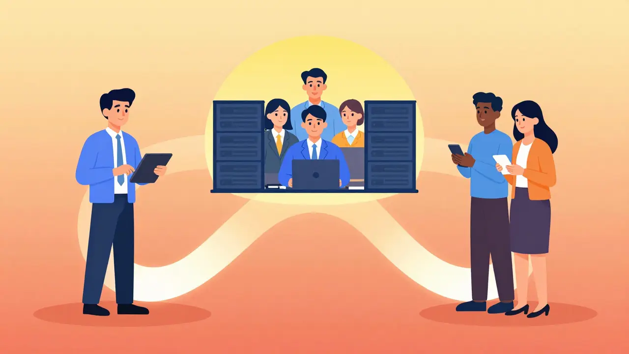 Enseignants, administrateurs et parents connectés par des lignes lumineuses symbolisant la coopération.