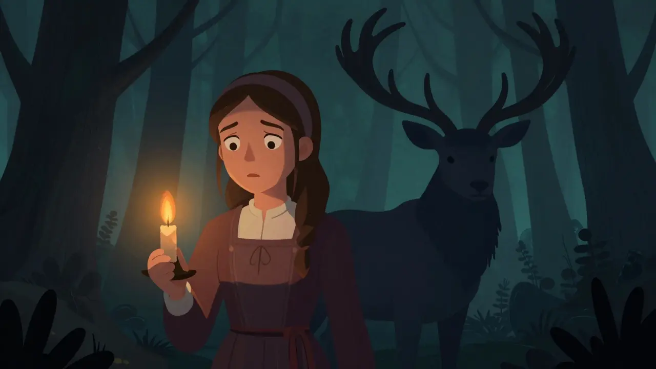 Femme puritaine face à un cerf noir dans une forêt sombre