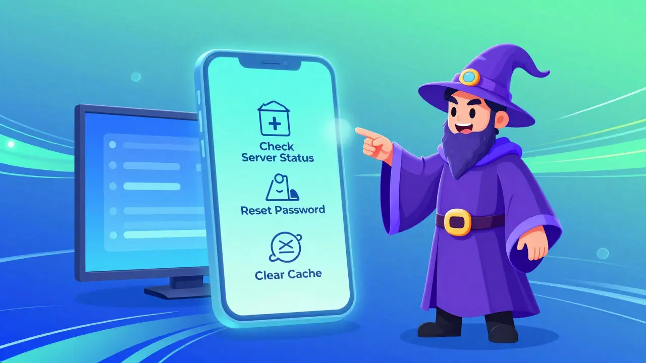 Guide technique stylisé montrant des étapes de dépannage pour une application