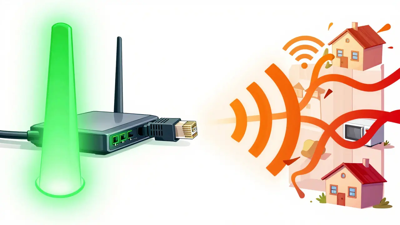 Illustration comparative d'un câble Ethernet stable versus des signaux Wi-Fi perturbés.