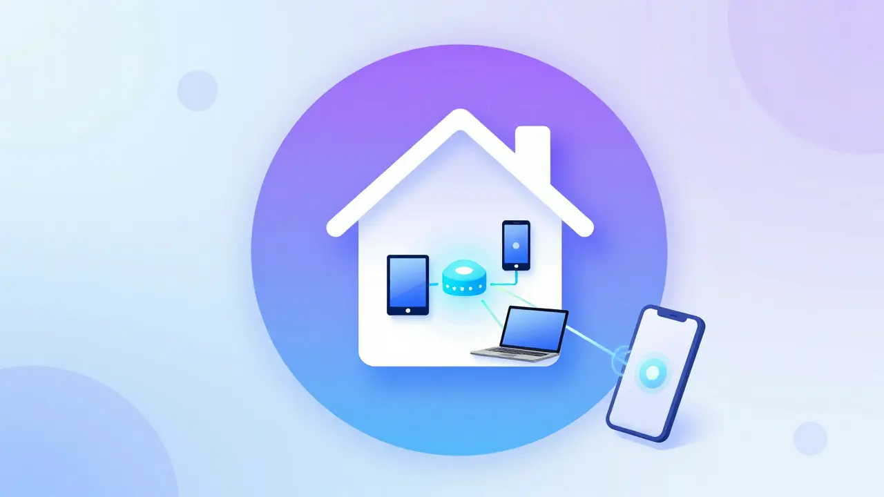 Illustration conceptuelle d'une maison connectée et de l'accès aux appareils via des dégradés.