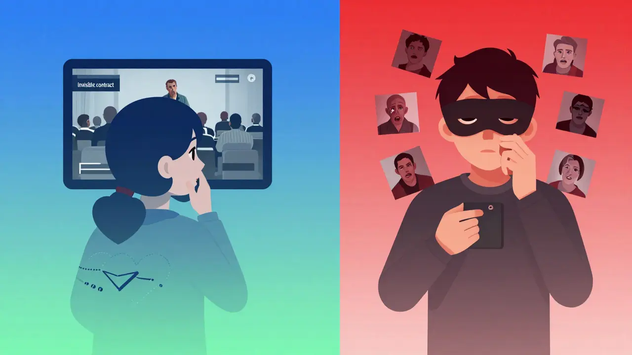 Illustration conceptuelle opposant l'empathie au voyeurisme avec des couleurs distinctes.