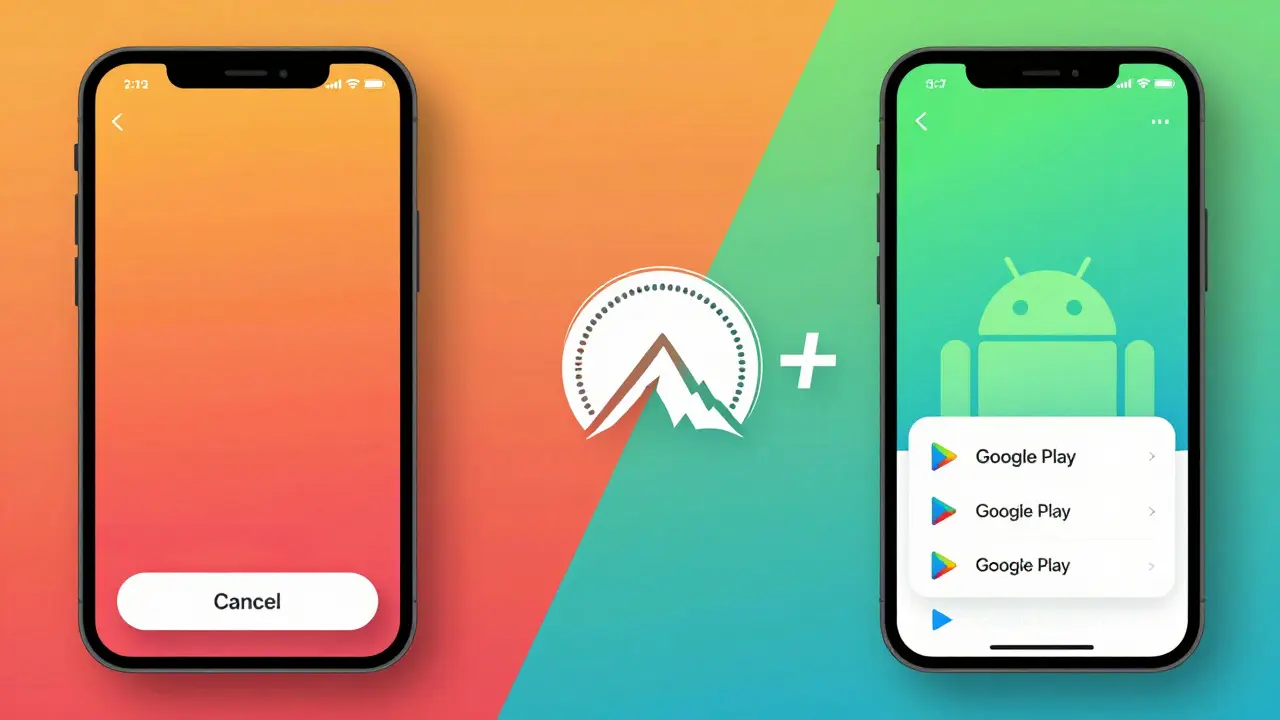 Illustration divisée montrant les interfaces iOS et Android avec des couleurs chaudes et froides pour gérer les abonnements.
