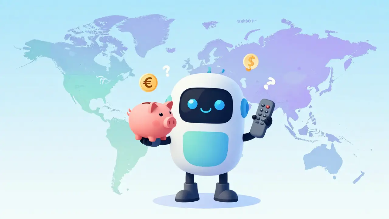 Personnage devant une carte du monde avec symboles monétaires
