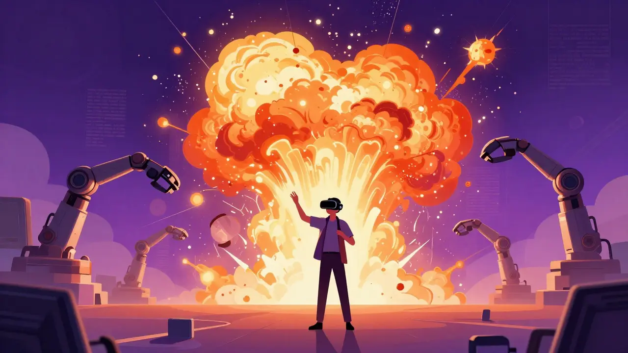Réalisateur en VR planifiant une explosion générée par IA