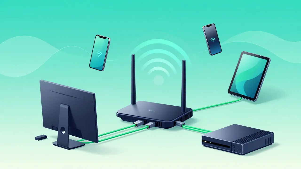 Routeur Wi-Fi moderne connecté à divers appareils domestiques