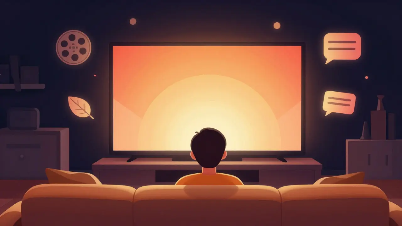 Salle de séjour confortable avec une TV émettant une lumière dorée et des icônes abstraites