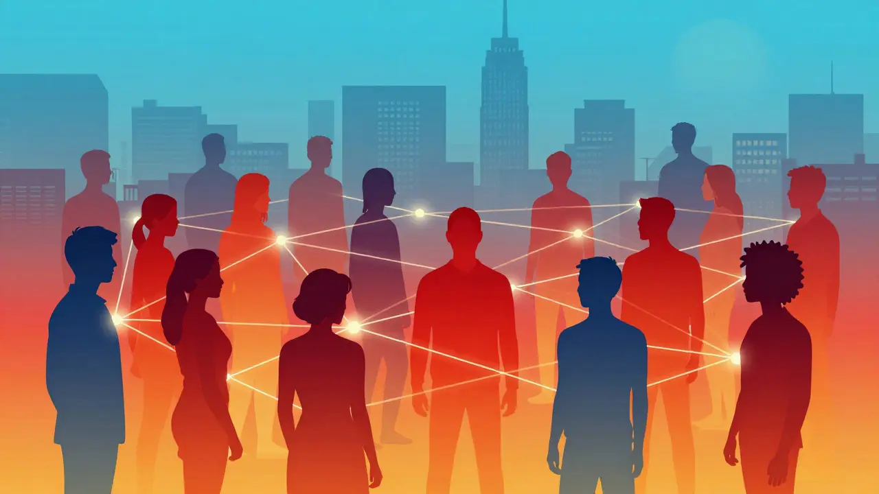 Silhouettes de personnages connectés par des fils lumineux symbolisant les tensions raciales à LA