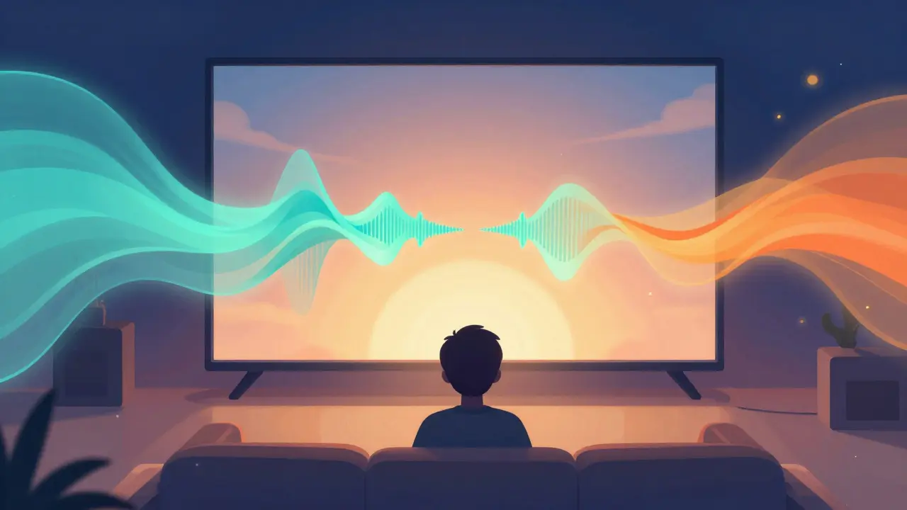 Vagues sonores colorées entourant une personne sur un canapé
