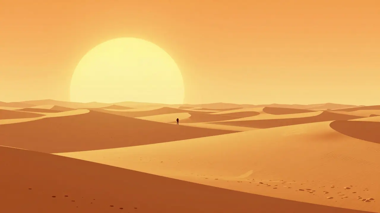 Vaste désert avec une minuscule silhouette, plan d'ensemble cinématique
