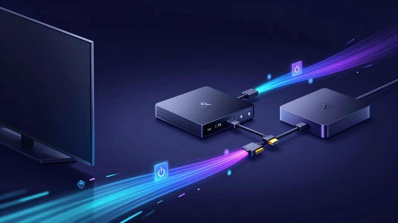 Câbles HDMI lumineux reliant TV, ampli et boîtier de streaming