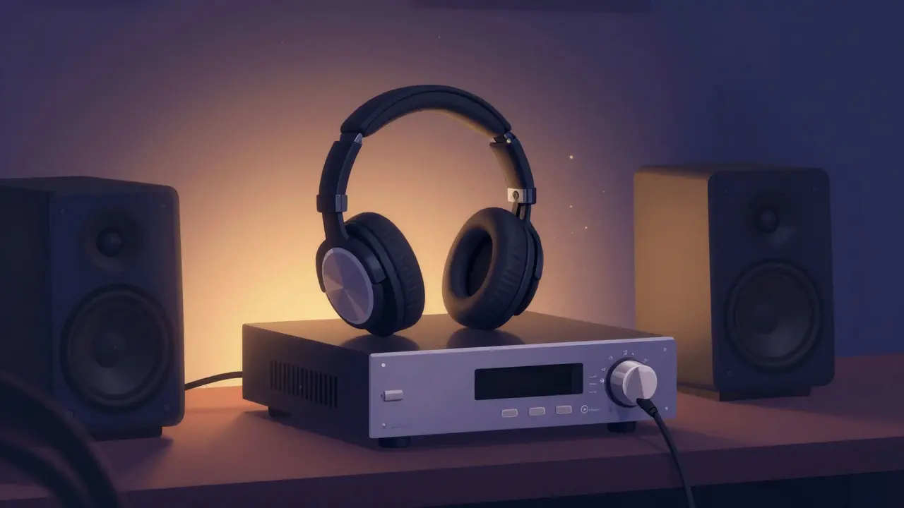 Casques filaires haut de gamme sur un amplificateur dans une ambiance tamisée