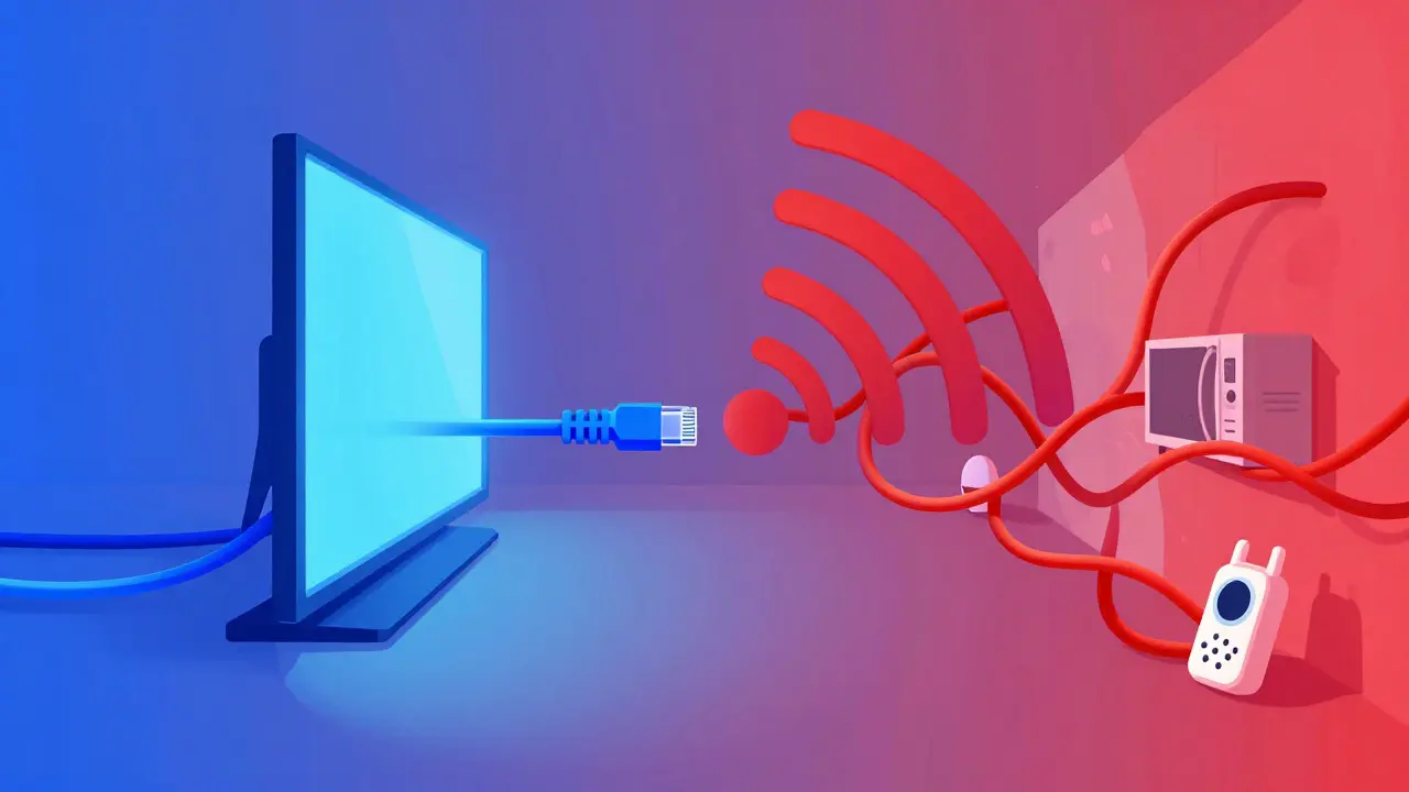 Comparaison illustrée entre la stabilité du câble Ethernet et les interférences Wi-Fi