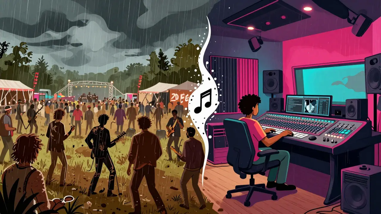 Composition divisée montrant un festival boueux à gauche et un studio moderne à droite