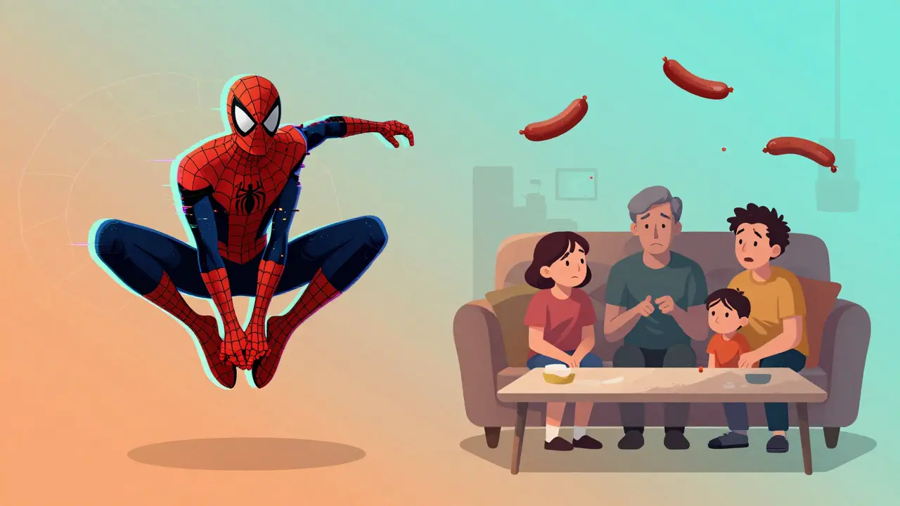 Contraste entre animation héroïque et drame familial absurde