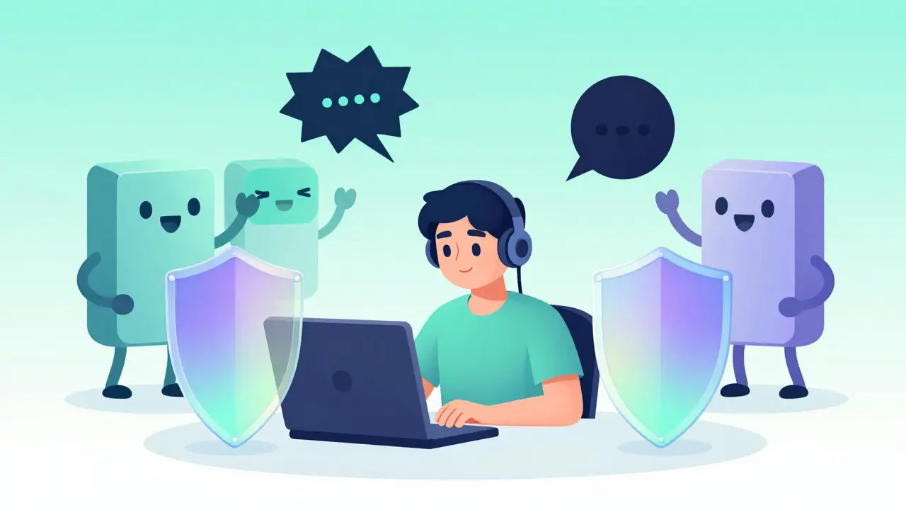 Des bots de modération protègent un streamer contre les commentaires toxiques avec des boucliers colorés.