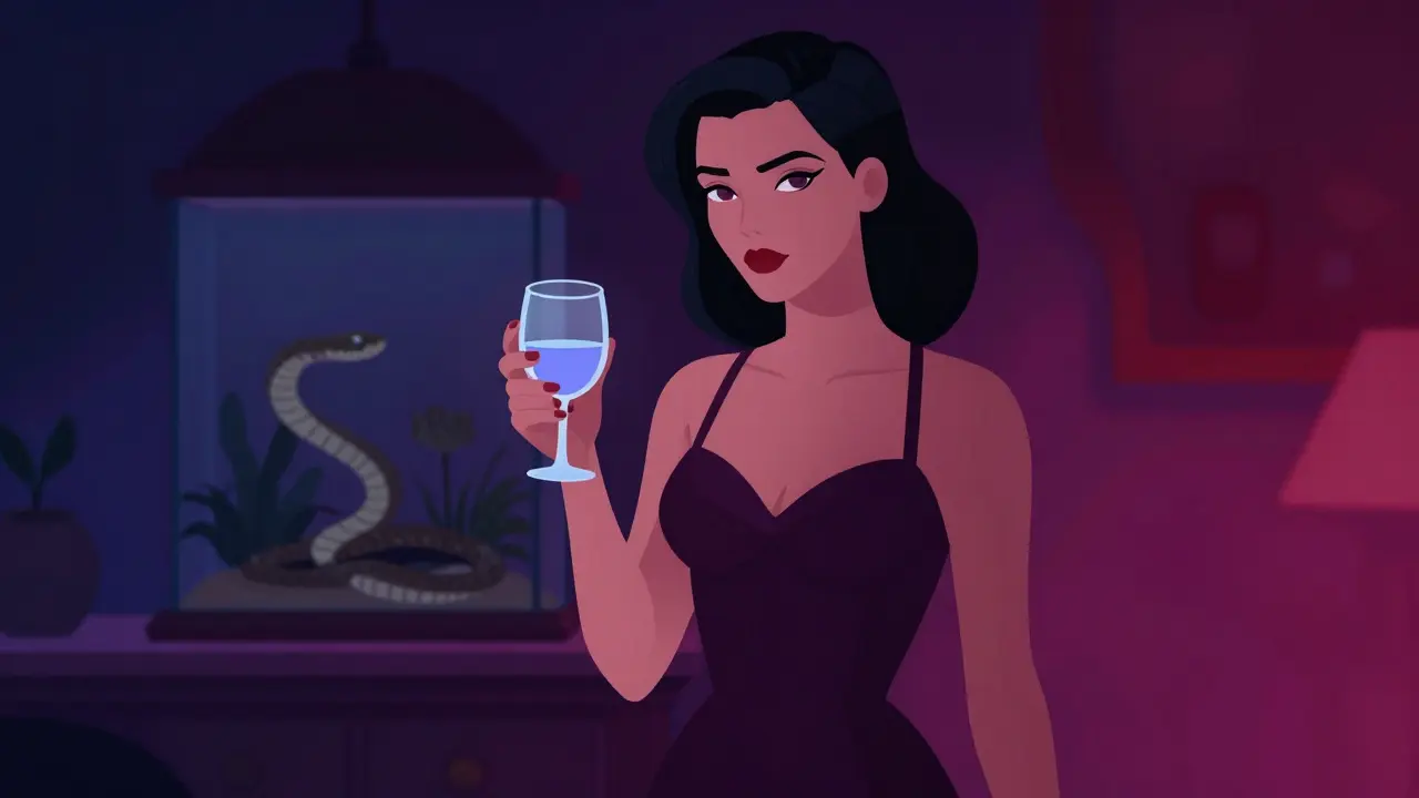 Femme fatale mystérieuse avec un serpent en arrière-plan