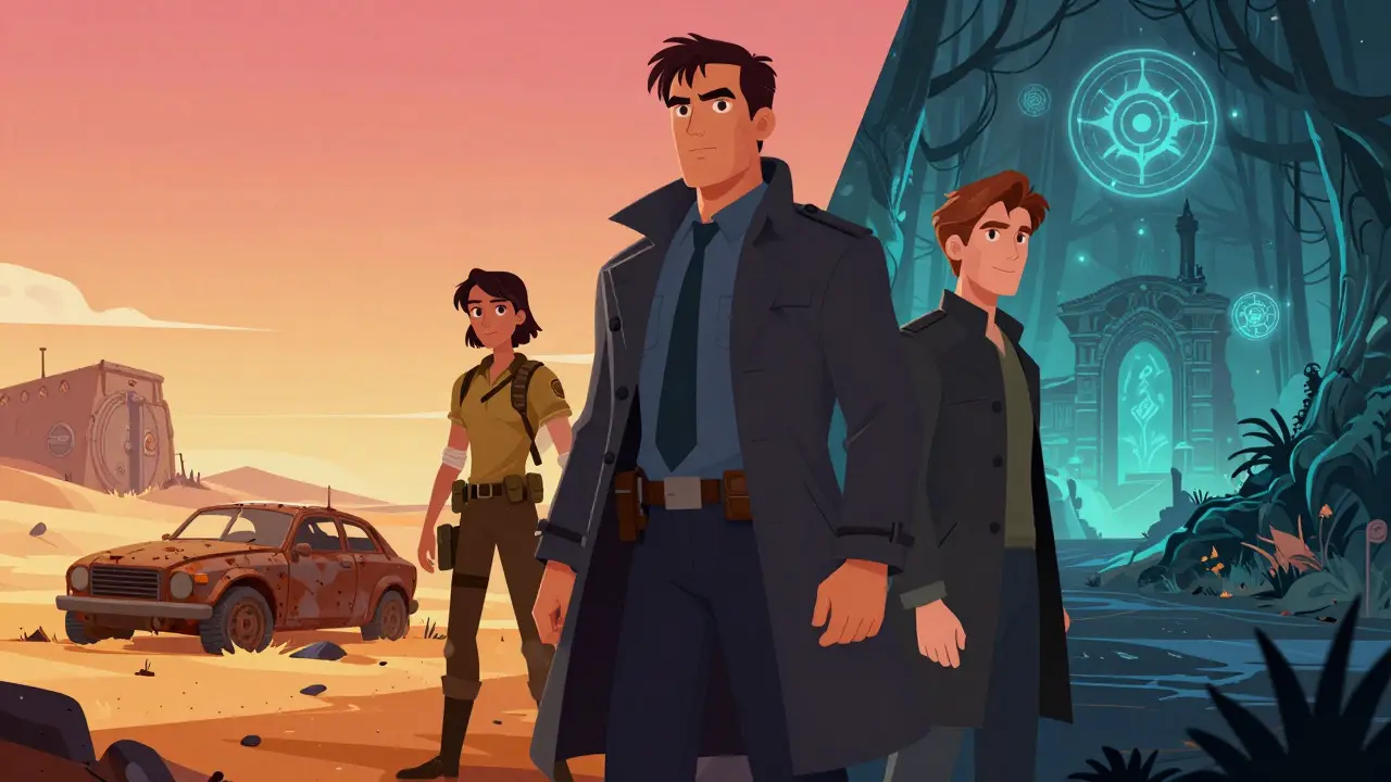 Illustration divisée montrant des scènes de Fallout, Reacher et The Wheel of Time en style dégradé.