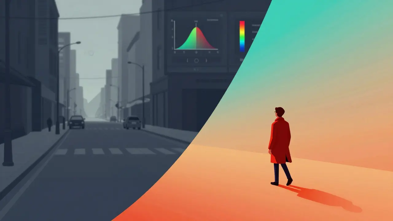 Illustration du dégradé de couleurs : scène désaturée vs look cinématographique chaud
