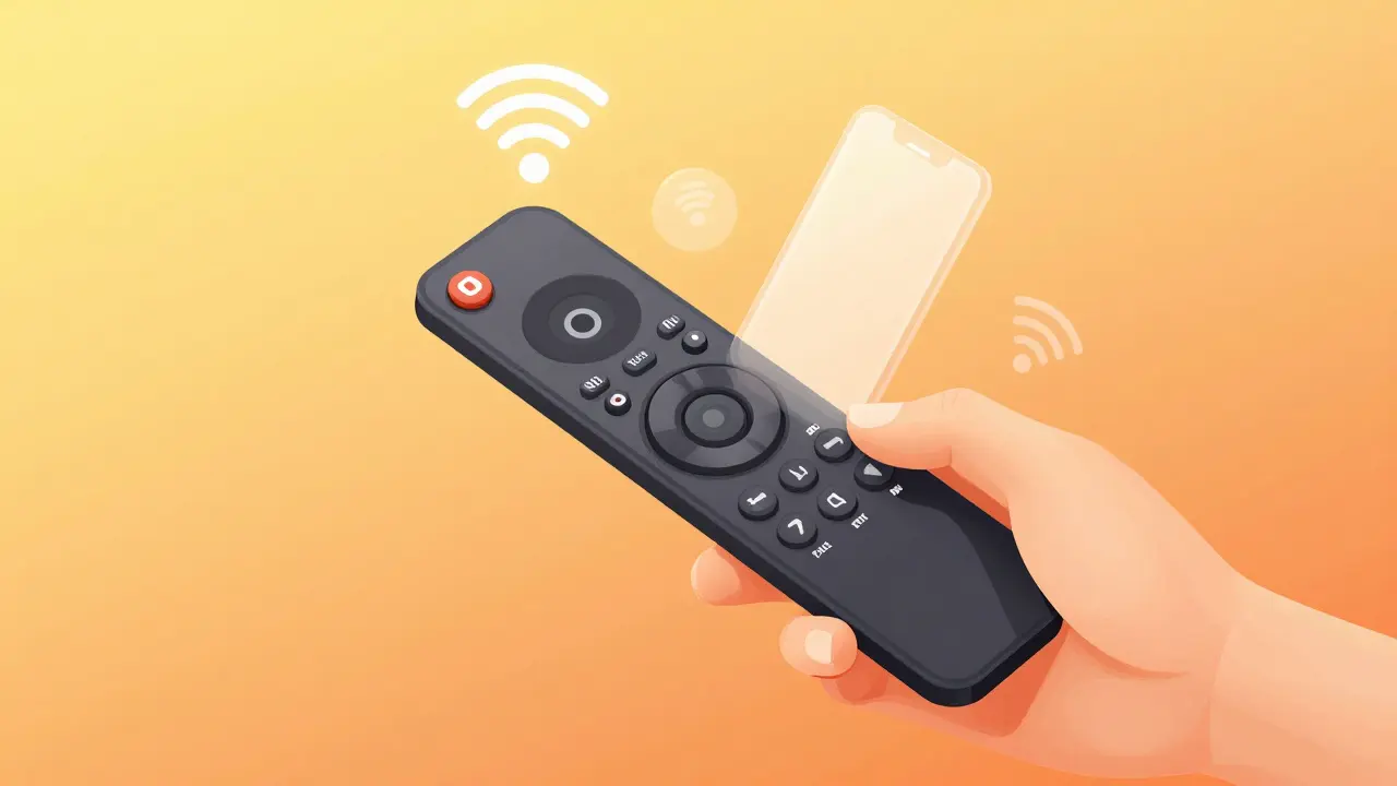 Mains tenant une télécommande Roku avec icônes Wi-Fi
