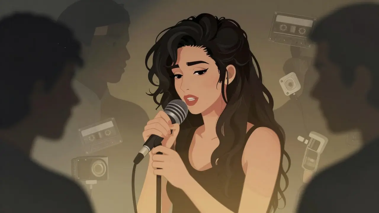 Portrait d'une chanteuse entourée de silhouettes fantômes et d'archives dans un style mélancolique