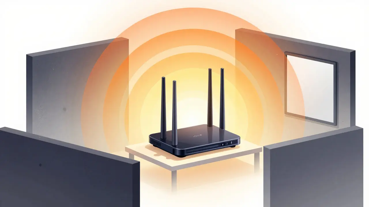 Routeur central émettant des ondes Wi-Fi dans une maison