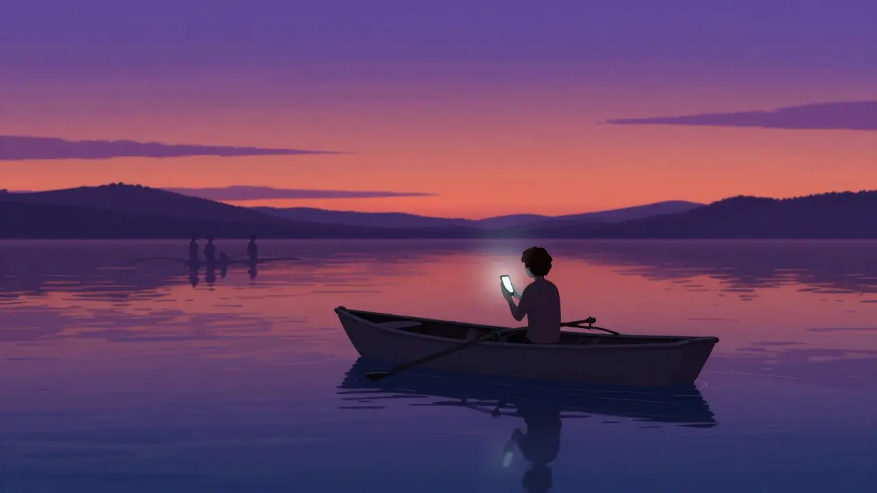 Silhouette solitaire dans un bateau sur un lac au crépuscule, reflétant l'isolement