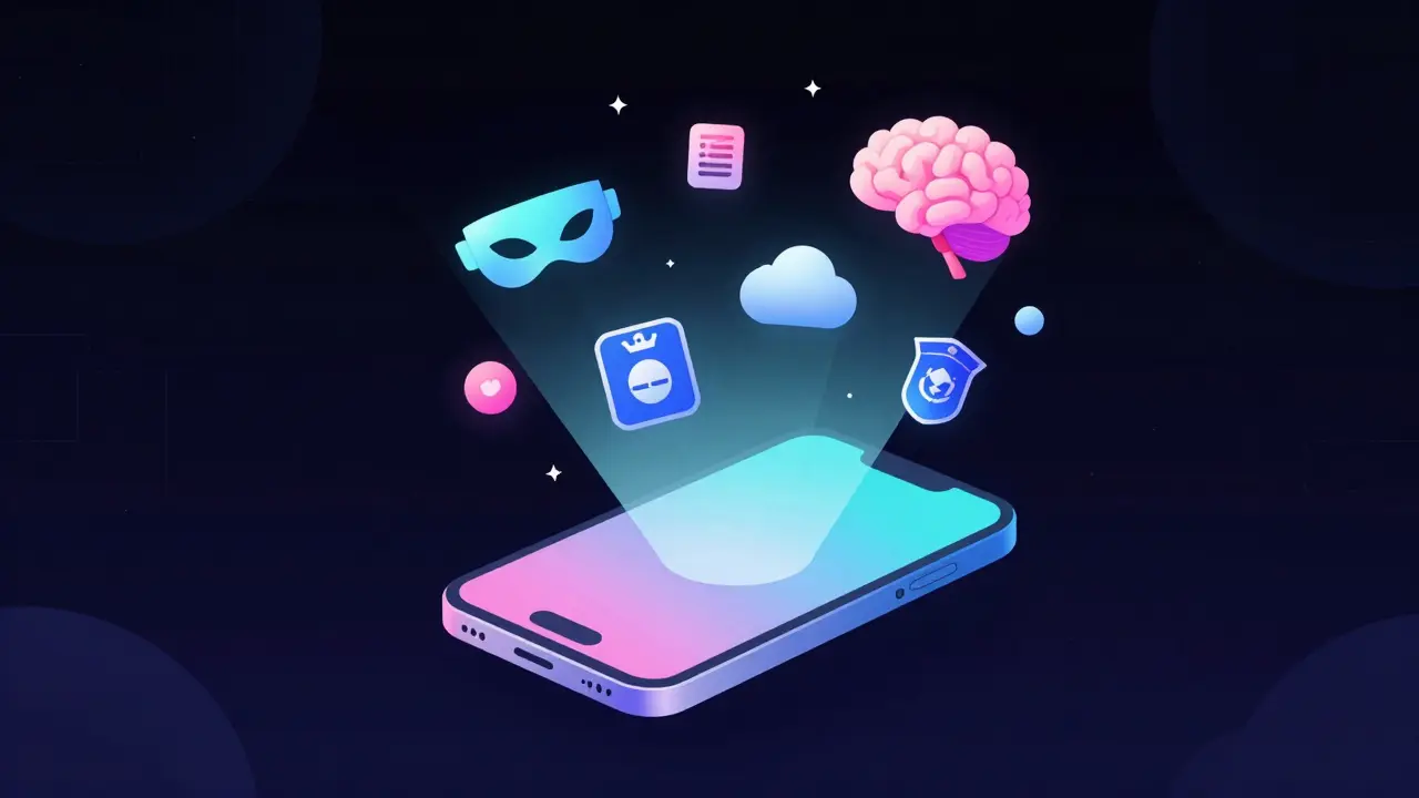 Smartphone émettant des icônes flottantes de contenus cachés dans un style cartoon aux dégradés vibrants.