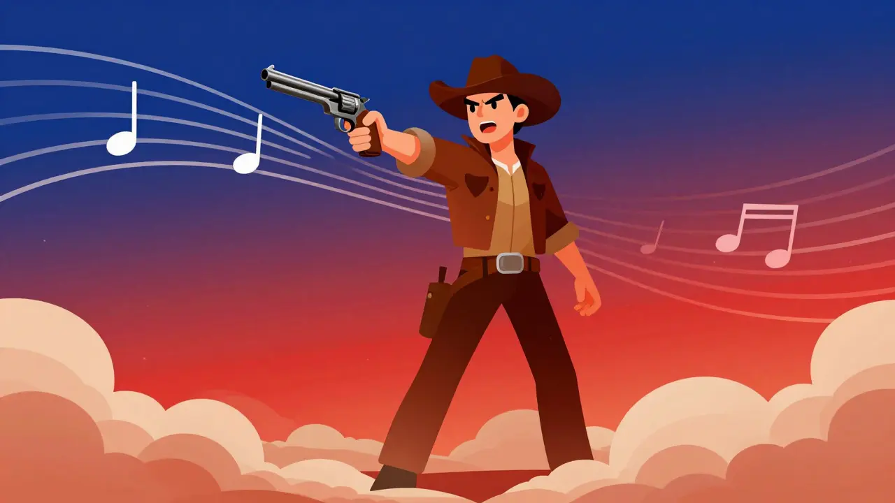 Un cow-boy stylisé face à un ciel dégradé, évoquant la tension cinématographique