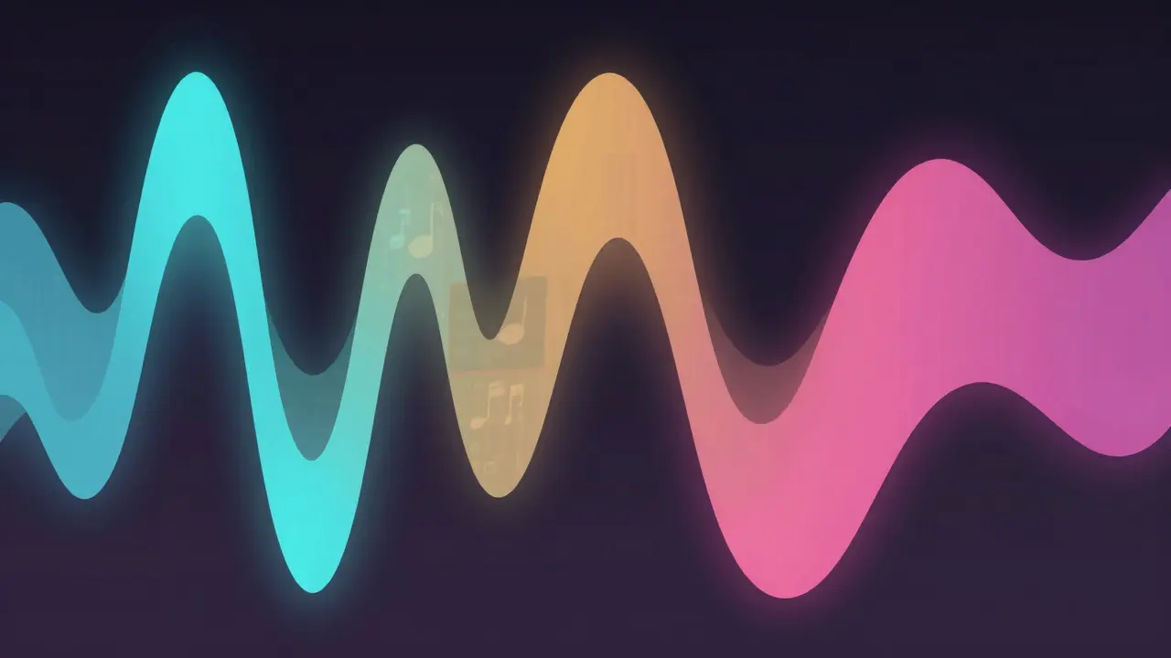 Vagues abstraites colorées représentant les couches sonores : dialogue, effets et musique