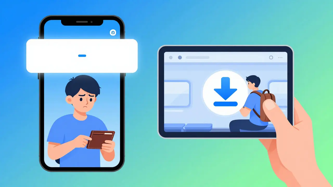 Comparaison cartoon : pub sur mobile vs téléchargement en voyage