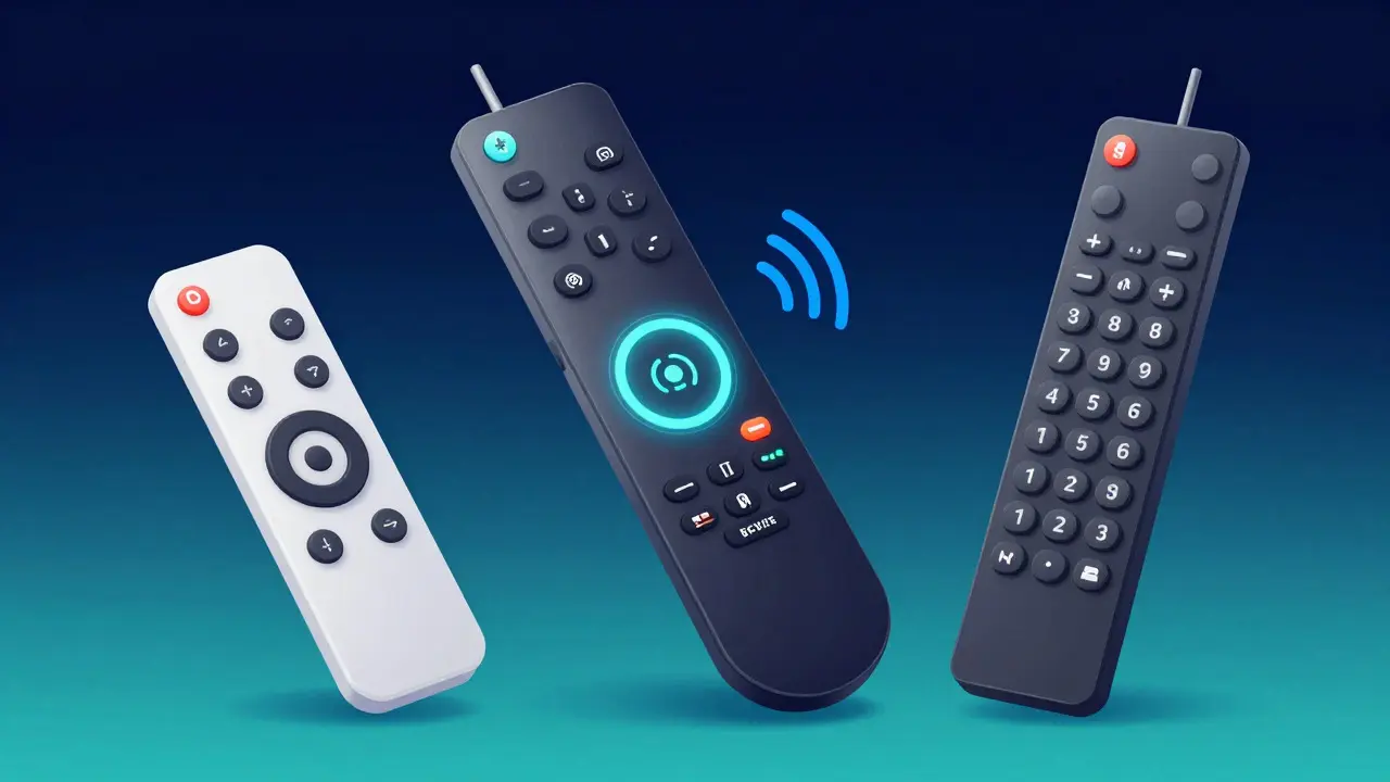 Comparaison illustrée de trois types de télécommandes pour boîtiers de streaming avec des effets de dégradé
