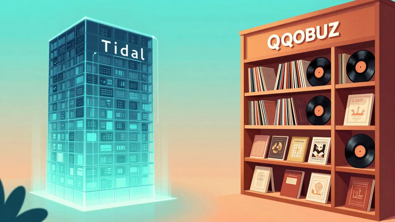 Comparaison visuelle entre le catalogue vaste de Tidal et celui curaté de Qobuz