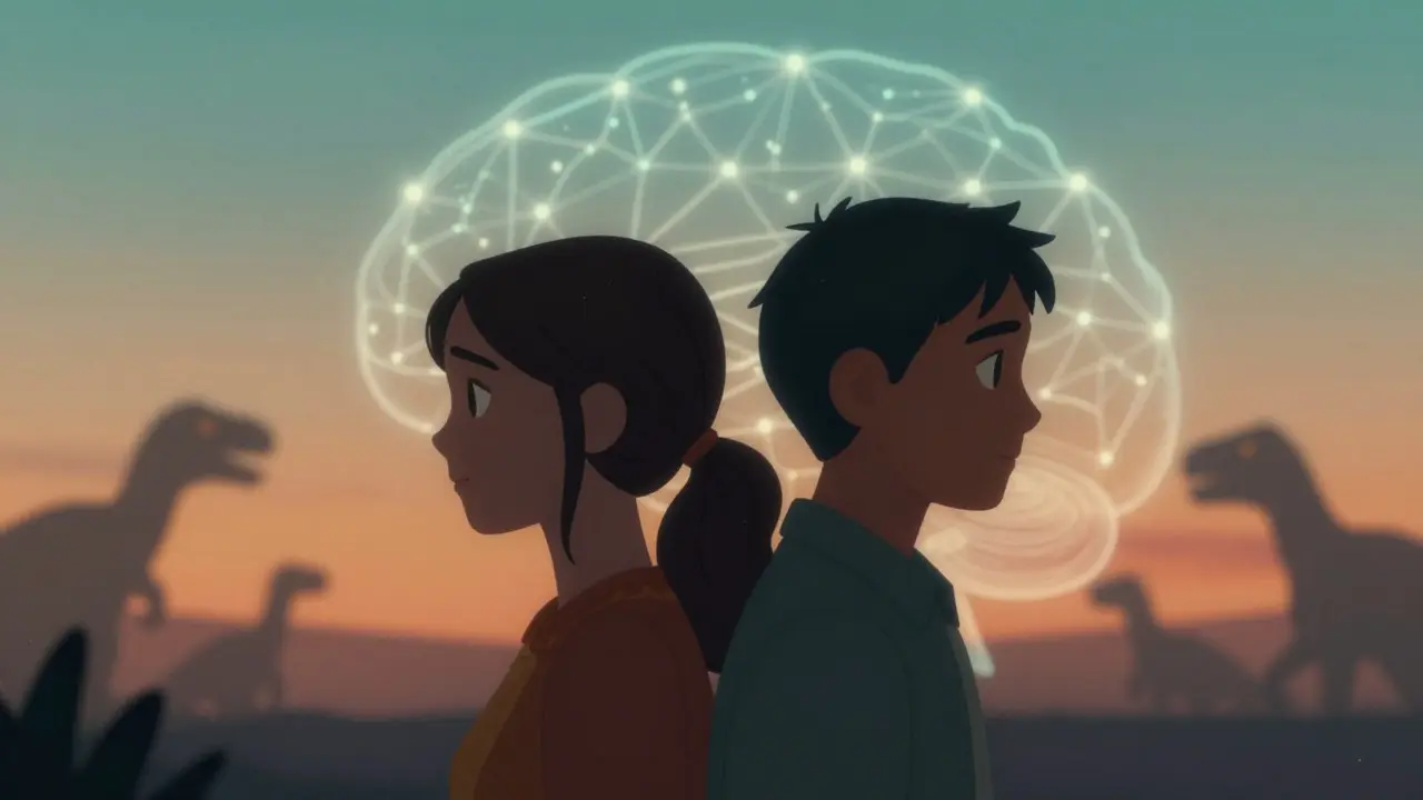 Couple futuriste entouré de particules lumineuses IA, style illustration dégradée