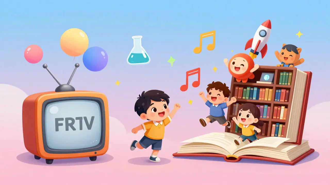 Des bulles de dessins animés sortent d'une TV et d'un livre