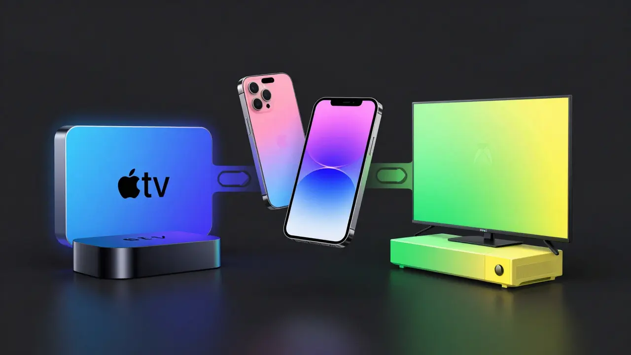 Divers appareils connectés synchronisés via des flux de données colorés dans un style dégradé