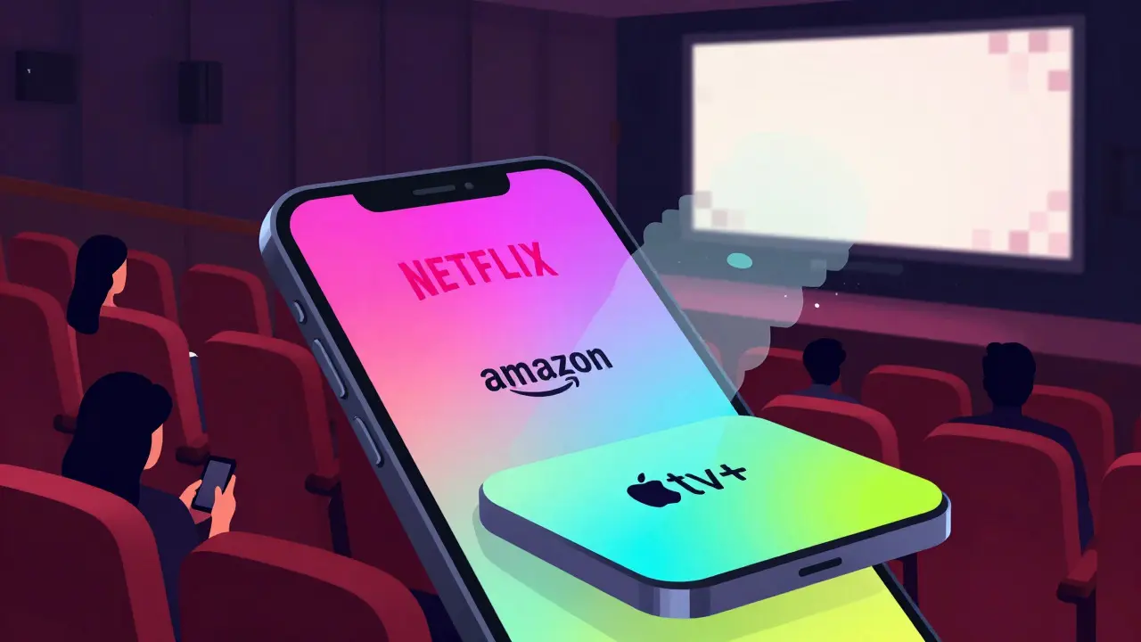 Écrans de streaming remplaçant les salles de cinéma traditionnelles dans un style dégradé